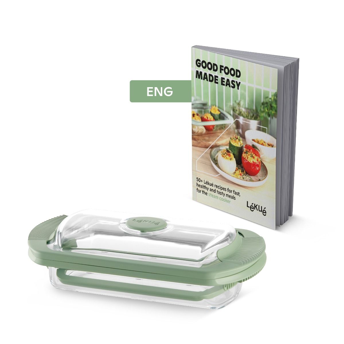 Estuche de Vapor de vidrio 2p. y libro en ingl&eacute;s Soluci&oacute;n todo-en-uno para cocinar recetas deliciosas en pocos minutos.