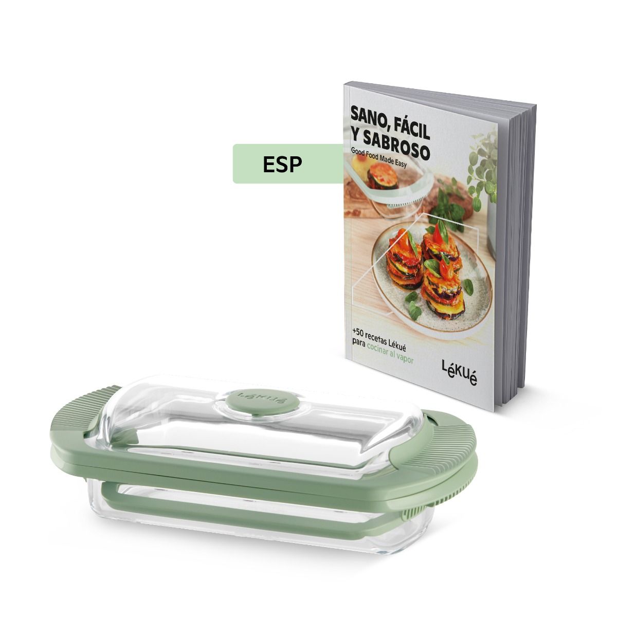 Estuche de Vapor de vidrio 2p. y libro en espa&ntilde;ol Soluci&oacute;n todo-en-uno para cocinar recetas deliciosas en pocos minutos.