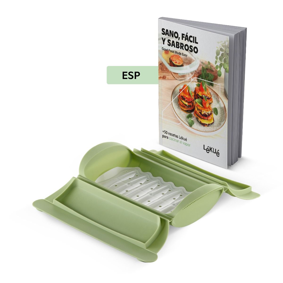 Estuche de vapor con bandeja y libro de recetas, 2p, Espa&ntilde;ol &iexcl;Salm&oacute;n sabroso en 2 minutos!
