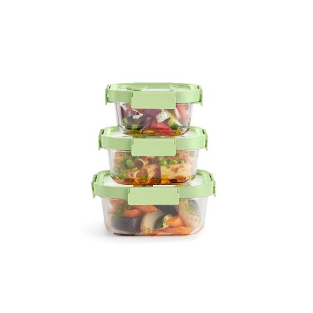 Set of 3 Square Glass leakproof Containers 1100 ml, 800ml, 520ml capacity
