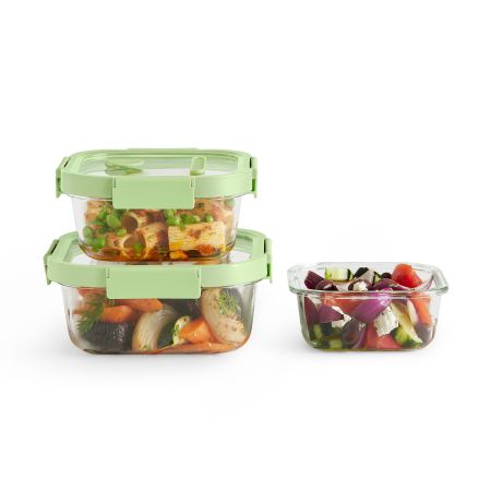 Set of 3 Square Glass leakproof Containers 1100 ml, 800ml, 520ml capacity
