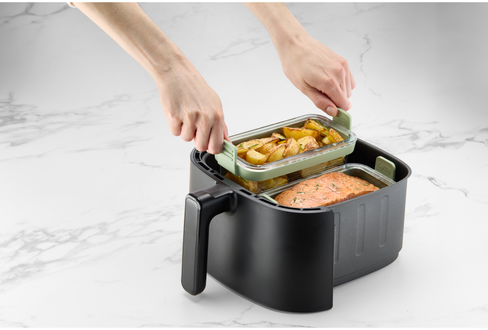 Plats en verre rectangulaire pour friteuse à air (lot de 2) Cuisinez en deux façons, rapidement et proprement dans votre air fryer!