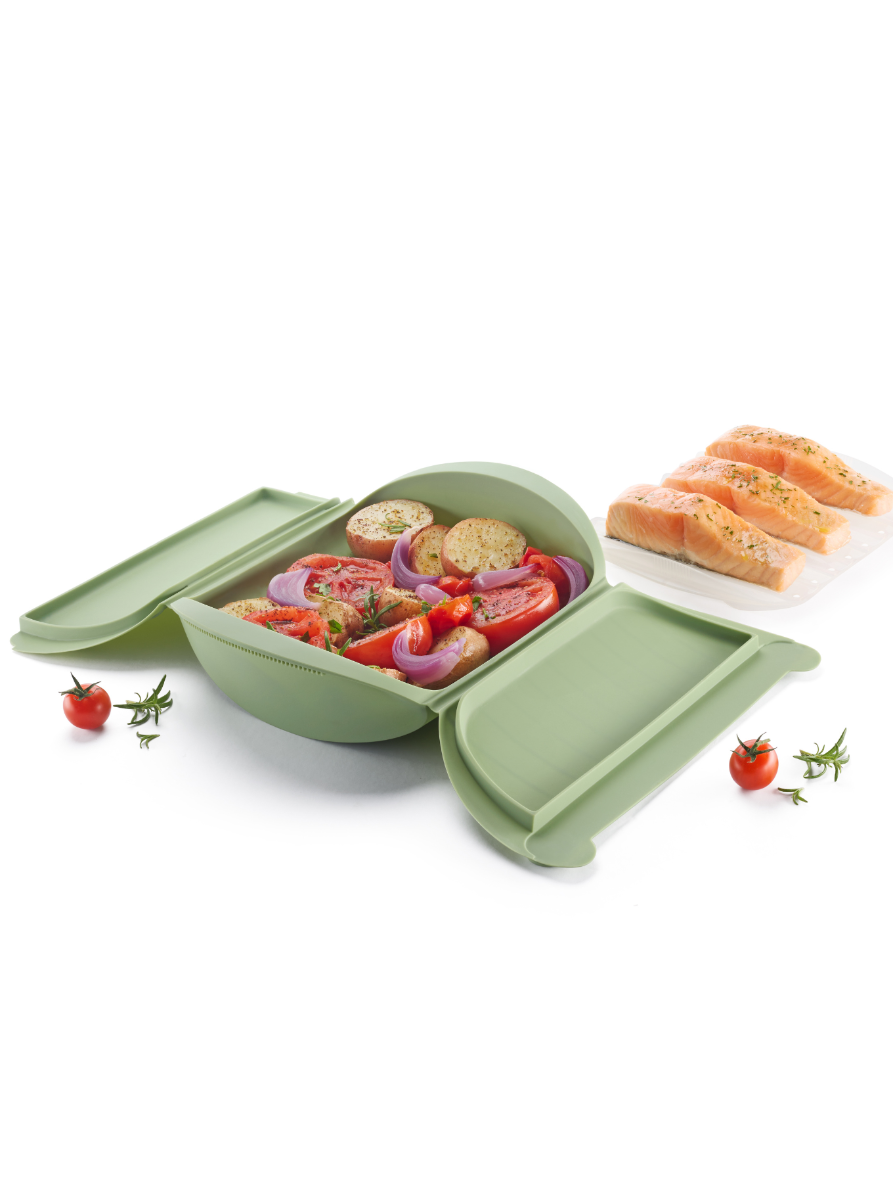 Estuche de vapor con bandeja y libro de recetas, 4p, Espa&ntilde;ol &iexcl;Salm&oacute;n sabroso en 2 minutos!