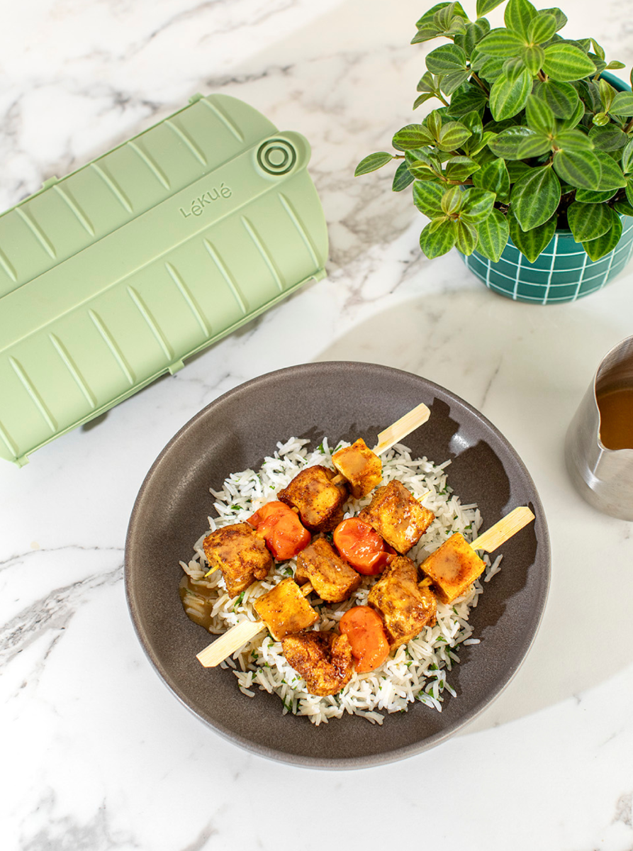 Estuche de vapor con bandeja y libro de recetas, 2p, Español ¡Salmón sabroso en 2 minutos!