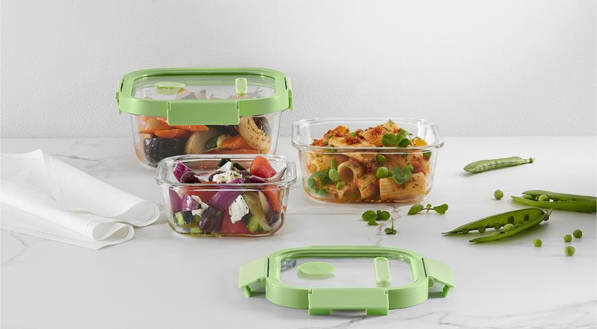 Set of 3 Square Glass leakproof Containers 1100 ml, 800ml, 520ml capacity