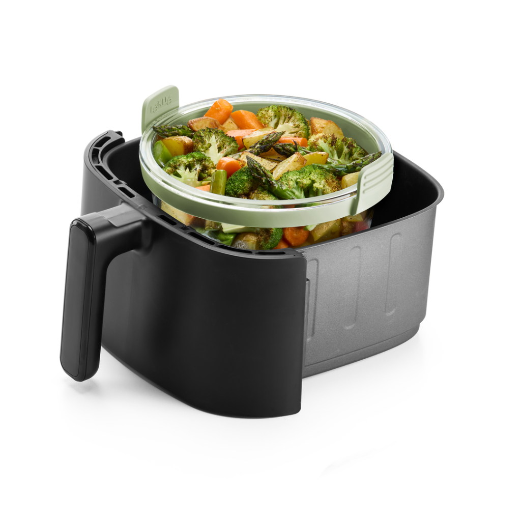 Cesta redonda de vidrio para freidora de aire Fabricada en vidrio ¡Con un agarre más cómodo!