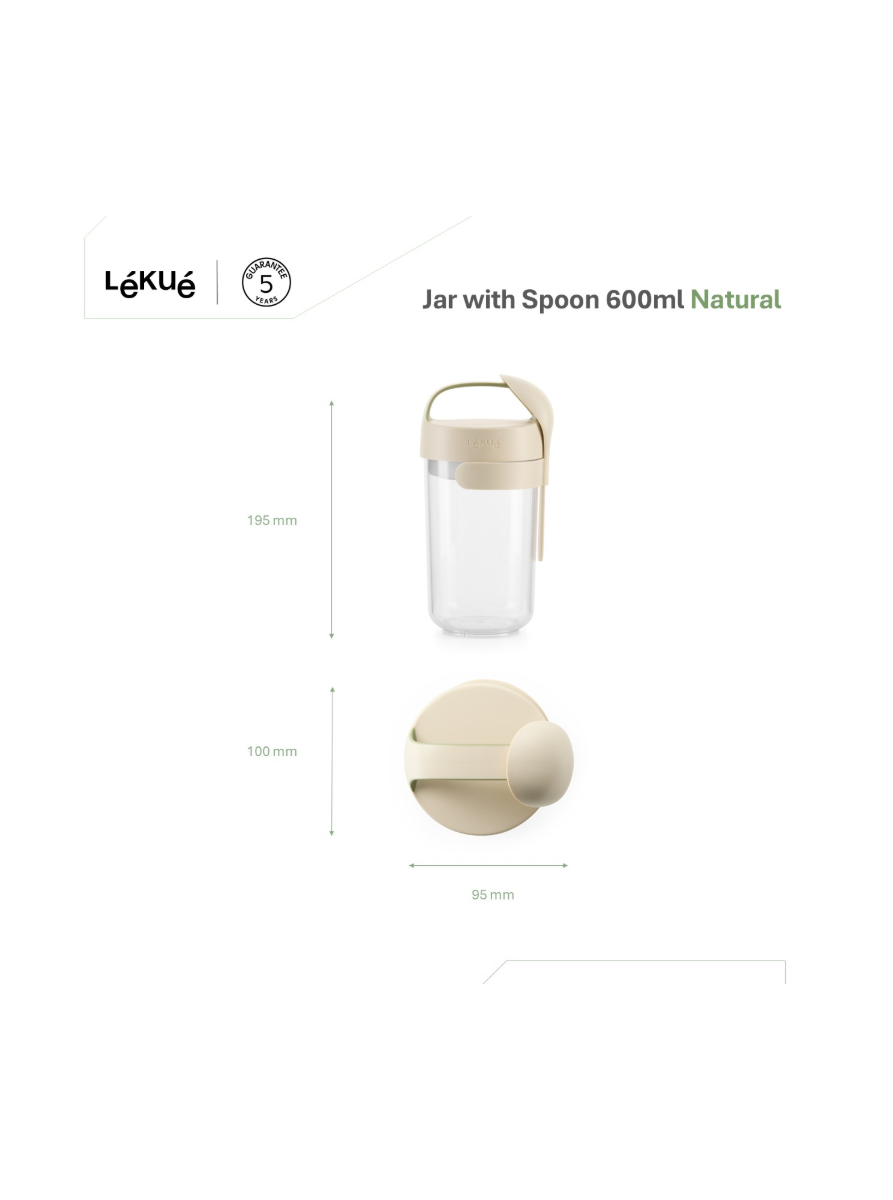 Natural Jar con cuchara, 600 ml ¡Tus alimentos frescos, fáciles de llevar y disfrutar!