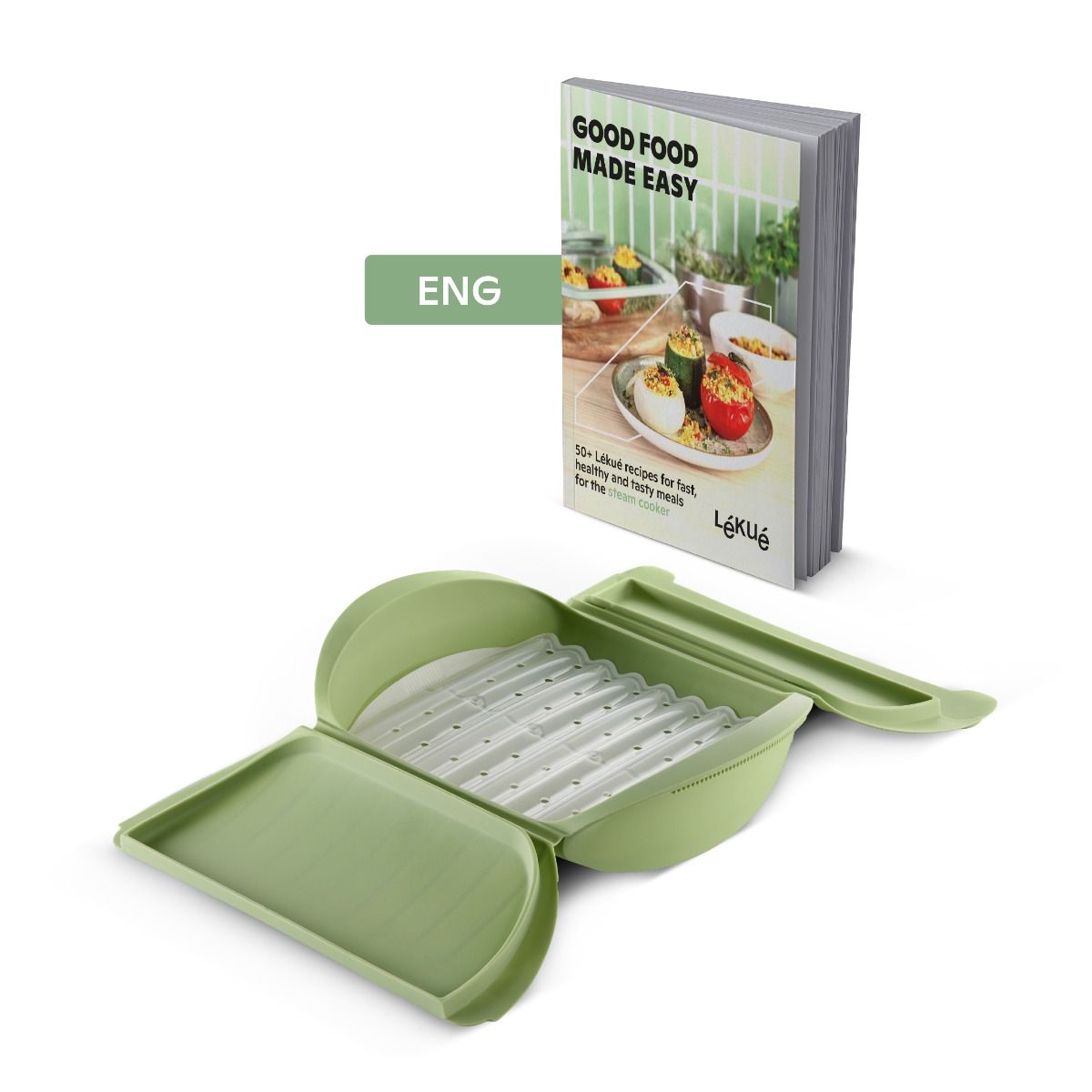 Estuche de vapor con bandeja y libro de recetas, 4p, Inglés ¡Salmón sabroso en 2 minutos!