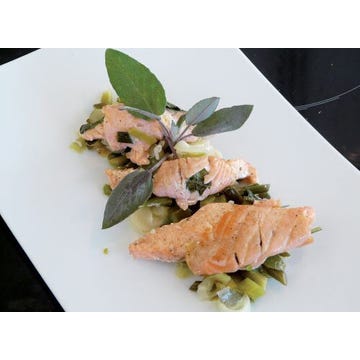 Saltimboccas with duo of Salmon and sage on Melted Leeks