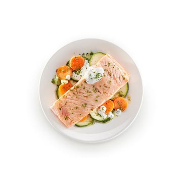 Roast Salmon With Vegetables & Yoghourt Sauce (serves 2)